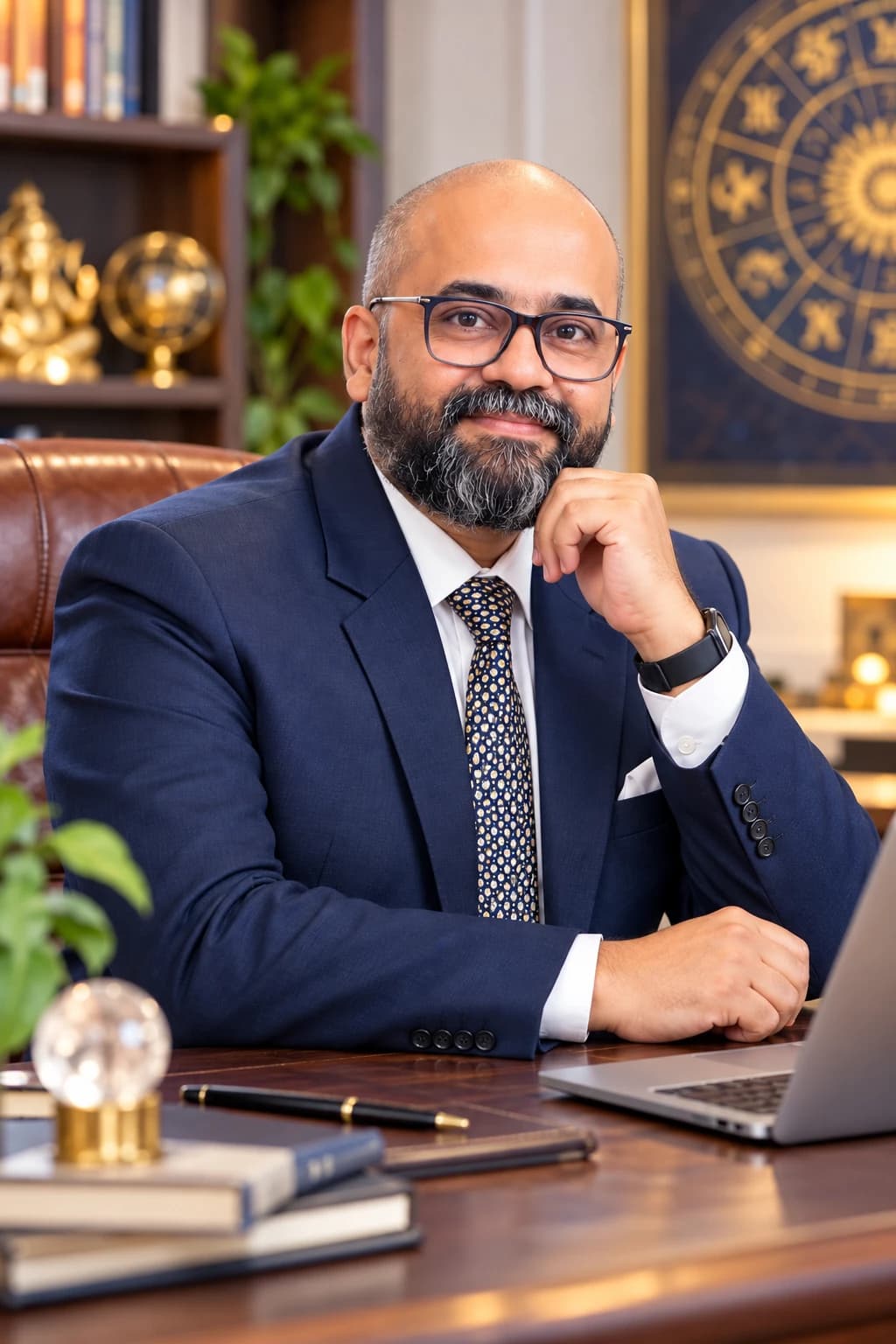 Veeresh Karnik at his desk, a zodiac chart on the wall behind him
