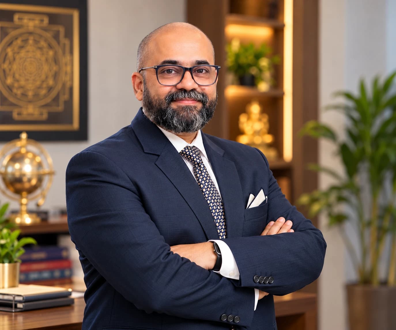 Veeresh Karnik in his office beside a framed yantra
