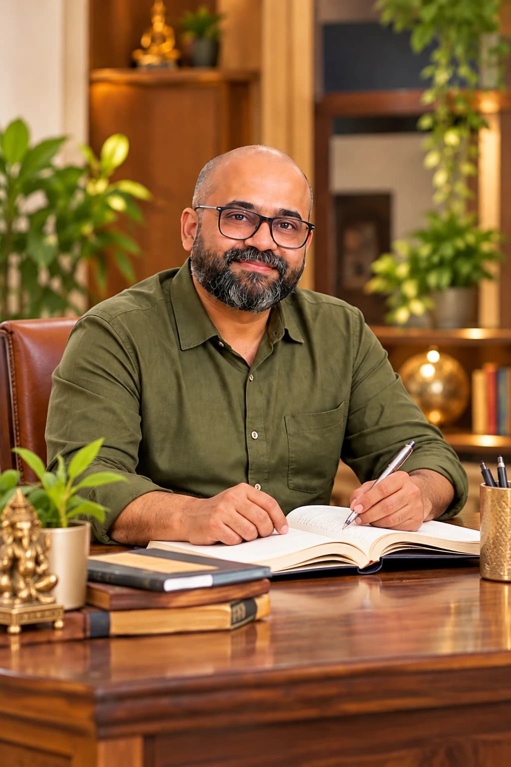 Veeresh Karnik writing notes at his desk