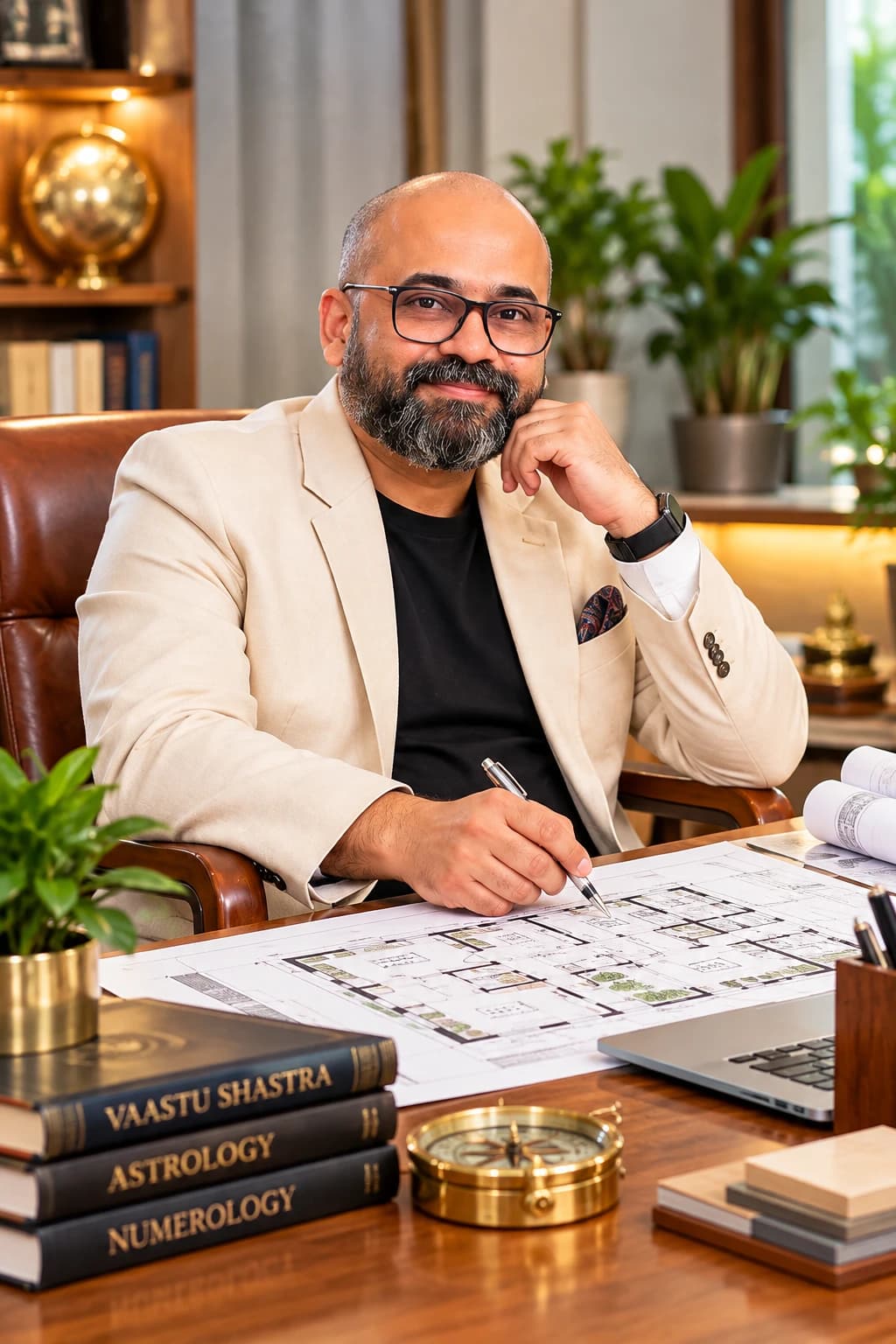 Veeresh Karnik marking a floor plan, with a compass and Vaastu Shastra texts on the desk